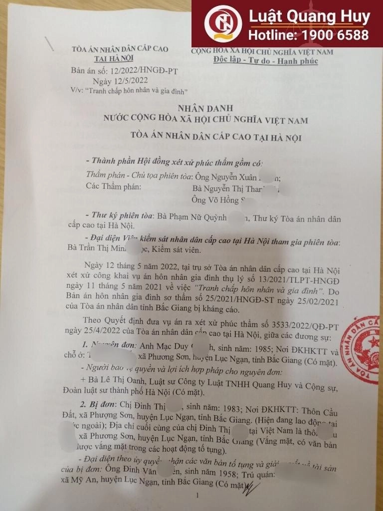 Luật sư Lê Thị Oanh bảo vệ thành công vụ việc tranh chấp hôn nhân gia đình tại Tòa án nhân dân cấp cao tại Hà Nội
