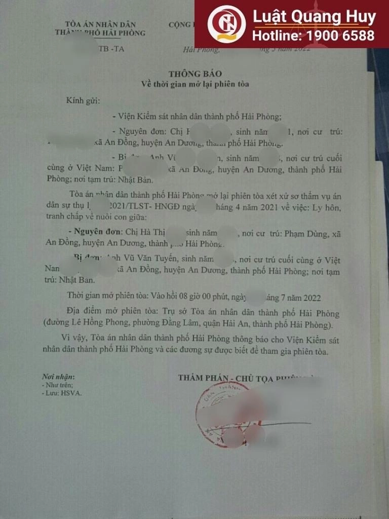 Luật sư Lê Thị Oanh hỗ trợ giải quyết tranh chấp ly hôn, quyền nuôi con tại Tòa án nhân dân thành phố Hải Phòng
